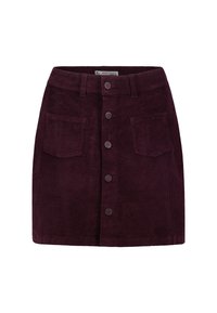 Dunkellila Cordrock mit Vorderknöpfen, Gürtelschlaufen und zwei aufgenähten Vordertaschen, präsentiert auf einem weißen Hintergrund.