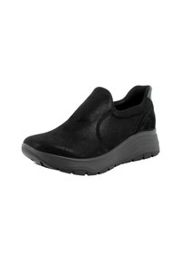 Scarpe slip-on nere con una parte superiore texturizzata e un colletto imbottito, caratterizzate da una spessa suola in gomma nera con un leggero design a zeppa.