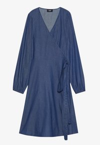 Denim omslagskjole i mørkeblått med lange puffermer, V-hals og belte i livet. Myk tekstur og midilengde.