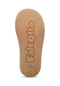 Suola di scarpa in gomma con righe texturizzate, con il marchio "Falconito" e la taglia "19" in un colore marrone chiaro.