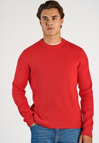 Uomo con capelli castani che indossa un maglione a coste rosso e jeans blu, in piedi con una mano in tasca, espressione neutra, sfondo bianco.
