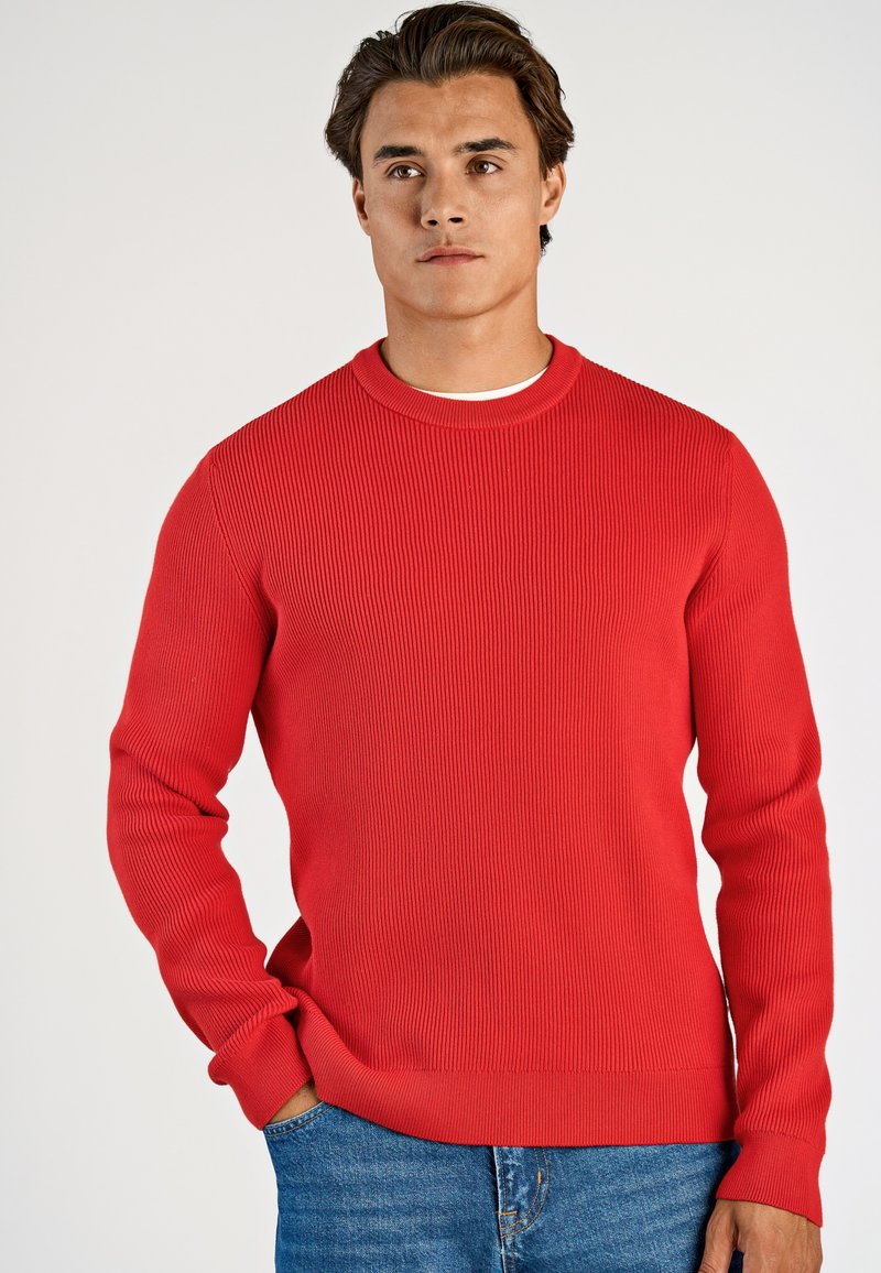 Uomo con capelli castani che indossa un maglione a coste rosso e jeans blu, in piedi con una mano in tasca, espressione neutra, sfondo bianco.