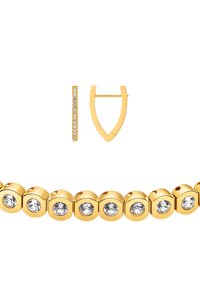 Set di gioielli in tonalità oro composto da un bracciale incrustato di cristalli con elementi rotondi e orecchini coordinati a forme geometriche.