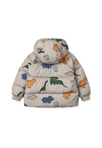 Padded jakna s bež pozadinom i šarenim uzorcima dinosaura u narančastoj, plavoj i zelenoj boji. Ima kapuljaču i elastične manžete.