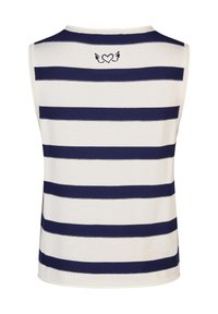 Mouwloos topje in crème met marineblauwe horizontale strepen. Heeft een ronde hals en een klein vleugeltje hartlogo op de achterkant. Van een katoenmengsel.