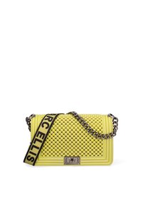 Geel handtas met verhoogde bubbelstructuur, zilveren kettinghengsel en een zwart hengsel met het label "MARC ELLIS." Zilveren sluiting aan de voorkant.