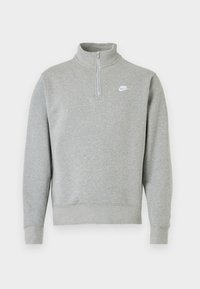 Šedá mikina s půlzipovým límcem, dlouhými rukávy, žebrovanými náplety a lemem. Na hrudi se nachází malé bílé logo Nike.
