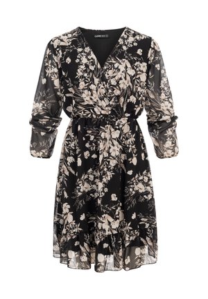 Robe portefeuille noire avec imprimé floral beige, ceinture froncée à la taille, col en V, manches trois-quarts transparentes avec poignets élastiques.