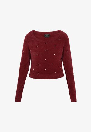 Pulover scurt de culoare burgundă, realizat dintr-un material pufos, cu mâneci lungi, având nasturi decorativi argintii dispuși uniform pe față.