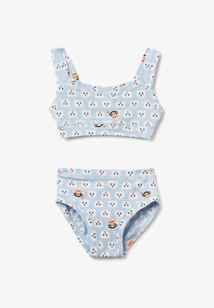 Hellblauer zweiteiliger Badeanzug mit weißen Bärengesichtern und kleinen Affengesichtern, die überall darauf gemustert sind.