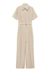 Tuta beige con maniche corte, collo a camicia, zip frontale e cintura in vita. Design a gamba larga e texture del tessuto liscia.