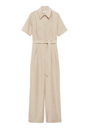 Béžový overal s krátkymi rukávmi, golierovým výstrihom, predným zipsom a opaskom v pase. Široké nohavice a hladká textúra látky.