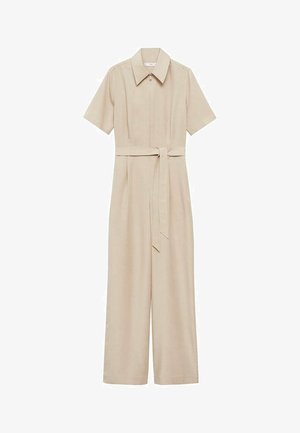 Béžový overal s krátkymi rukávmi, golierovým výstrihom, predným zipsom a opaskom v pase. Široké nohavice a hladká textúra látky.