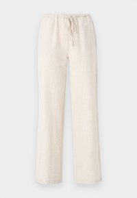 Lys beige, løstsittende linbukser med elastisk midjebånd og justerbar snor. Glatt tekstur og rett ben-design.