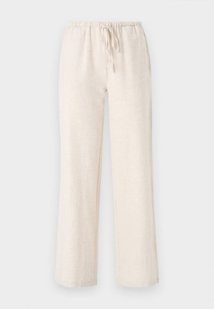 Pantaloni din in de un bej deschis, cu croi lejer, talie elastică și șnur reglabil. Textură netedă și design cu picioare drepte.