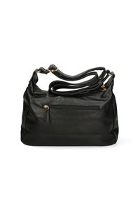 Borsa a tracolla in pelle nera con texture, dotata di una sola tracolla, tasca con zip sulla parte anteriore e dettagli in oro rosa.