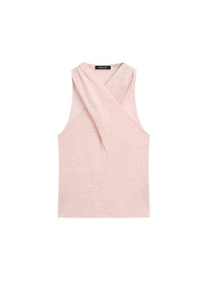 Haut tricoté sans manches rose pâle avec larges bretelles croisées et encolure ronde, étiquette Massimo Dutti.