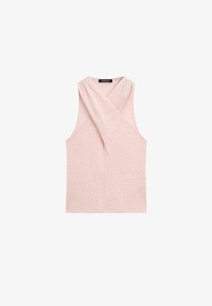 Haut tricoté sans manches rose pâle avec larges bretelles croisées et encolure ronde, étiquette Massimo Dutti.