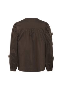 Brown long-sleeve blouse with a loose fit, gathered back detail, and textured accents on the sleeves. Smooth fabric with a slight sheen.