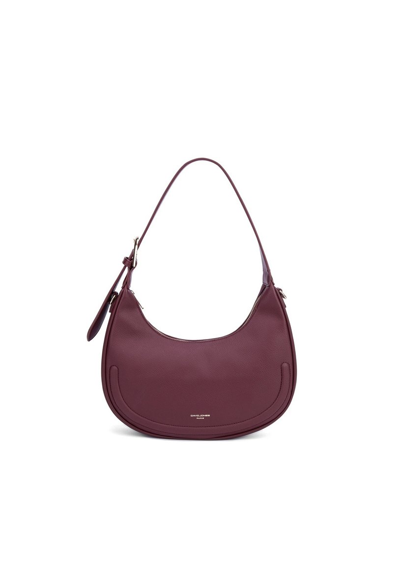 Borsa a tracolla in pelle borgogna con forma curva, dettagli a rilievo e una sola tracolla. Presenta un branding sottile con una finitura metallica.