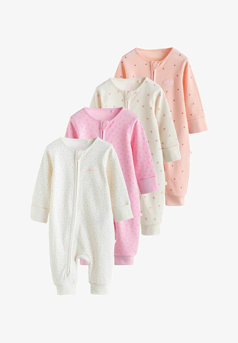 Neljä pitkähihainen vauvanhaalaria väreissä valkoinen, vaaleanpunainen, kerma ja persikka, joissa on pieniä kuvioita ja vetoketjut edessä, aseteltuna porrastettuun riviin.