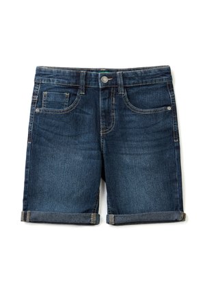 Mørkeblå denimshorts med opkrogede kanter, forreste knap, lynlås og fem lommer på hvid baggrund.