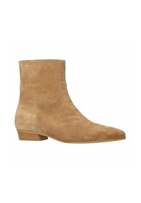Bottines en suède marron clair, avec un bout pointu et des détails de couture minimaux. Présentent un petit talon empilé et une semelle lisse.