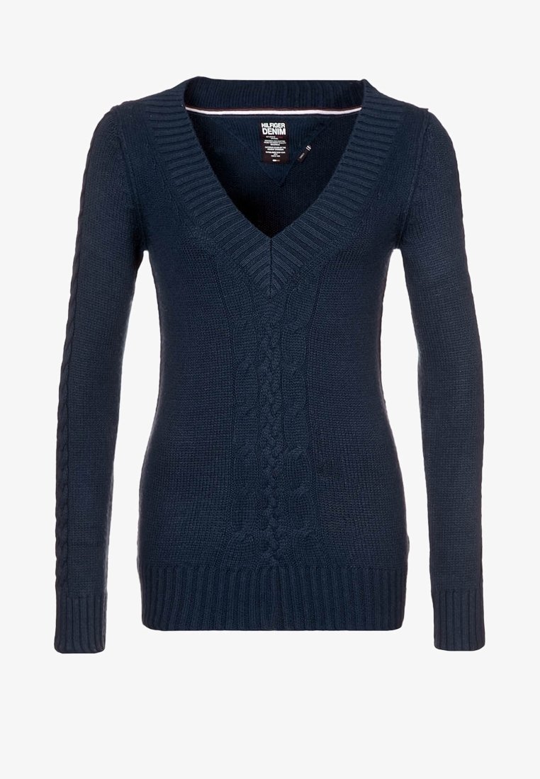 Pull en tricot bleu marine avec un col en V, arborant des motifs en côte et des poignets et un ourlet à bords côtes. Manches longues et silhouette ajustée.
