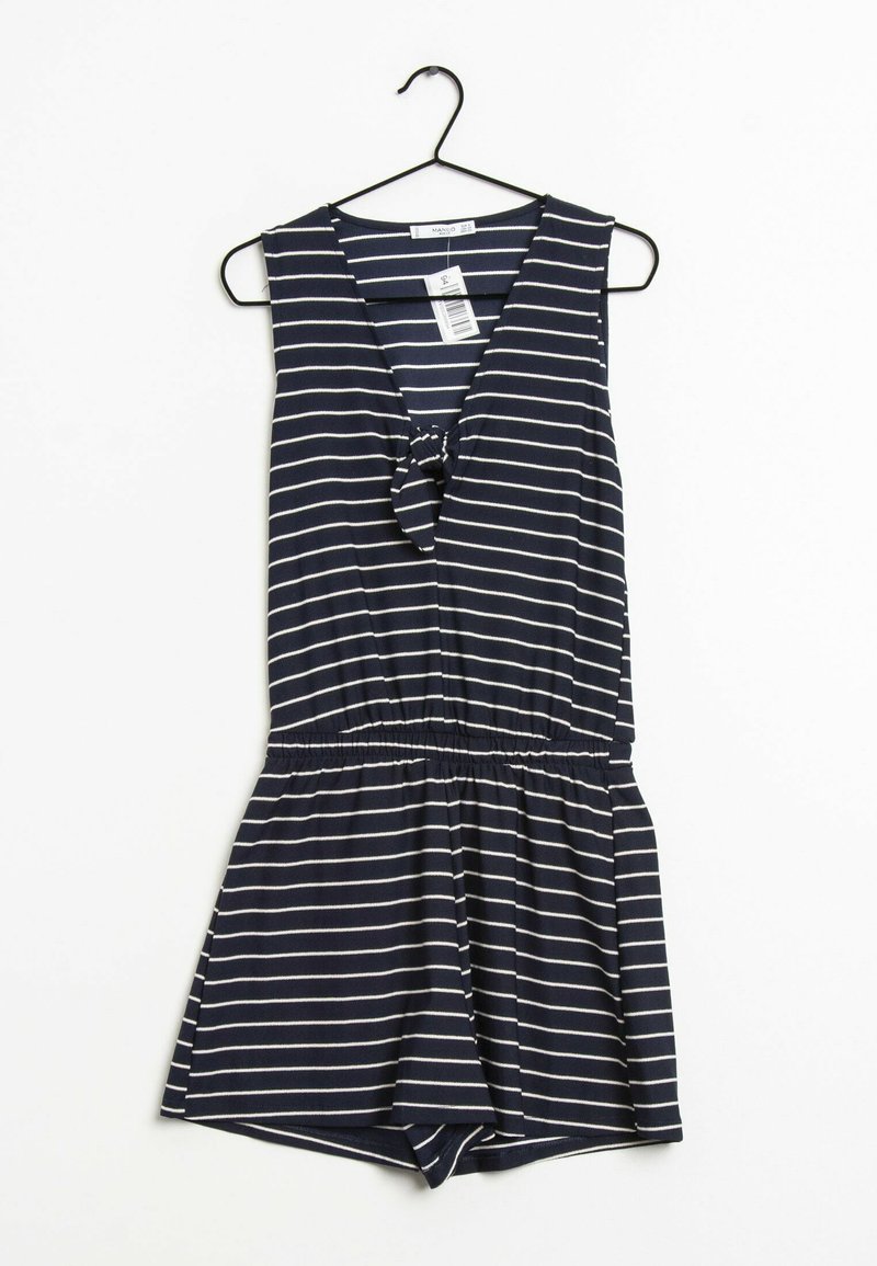 Mono de rayas azul marino con escote en V, detalle de nudo en la parte delantera, cinturilla elástica y patas cortas. Hecho de una tela suave y elástica.