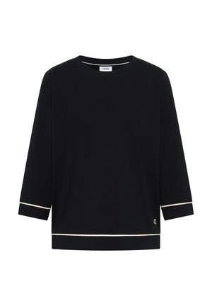 Maglietta nera a maniche lunghe con bordo bianco ai polsini e all'orlo, scollatura rotonda e piccolo logo del marchio vicino al bordo inferiore.