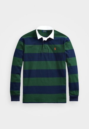 Langärmliges Poloshirt mit horizontalen grünen und marineblauen Streifen, weißem Kragen und einem auf der Brust gestickten Logo. Aus Baumwollmaterial.