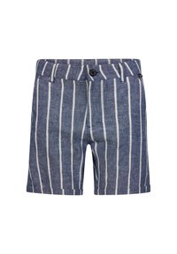 Blaue Leinen-Shorts mit weißen vertikalen Streifen, ausgestattet mit einem vorderen Knopfverschluss, Gürtelschlaufen und einem strukturierten Stoff.