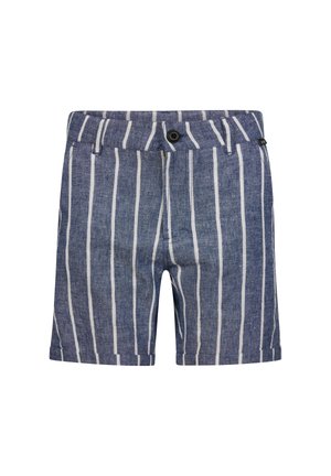 Blauwe linnen shorts met witte verticale strepen, voorzien van een sluiting met een knoop aan de voorkant, riem lussen en een textuur stof.
