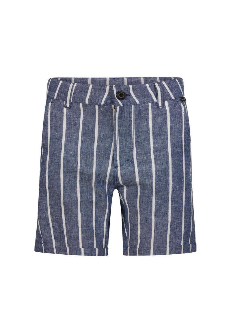 Blaue Leinen-Shorts mit weißen vertikalen Streifen, ausgestattet mit einem vorderen Knopfverschluss, Gürtelschlaufen und einem strukturierten Stoff.