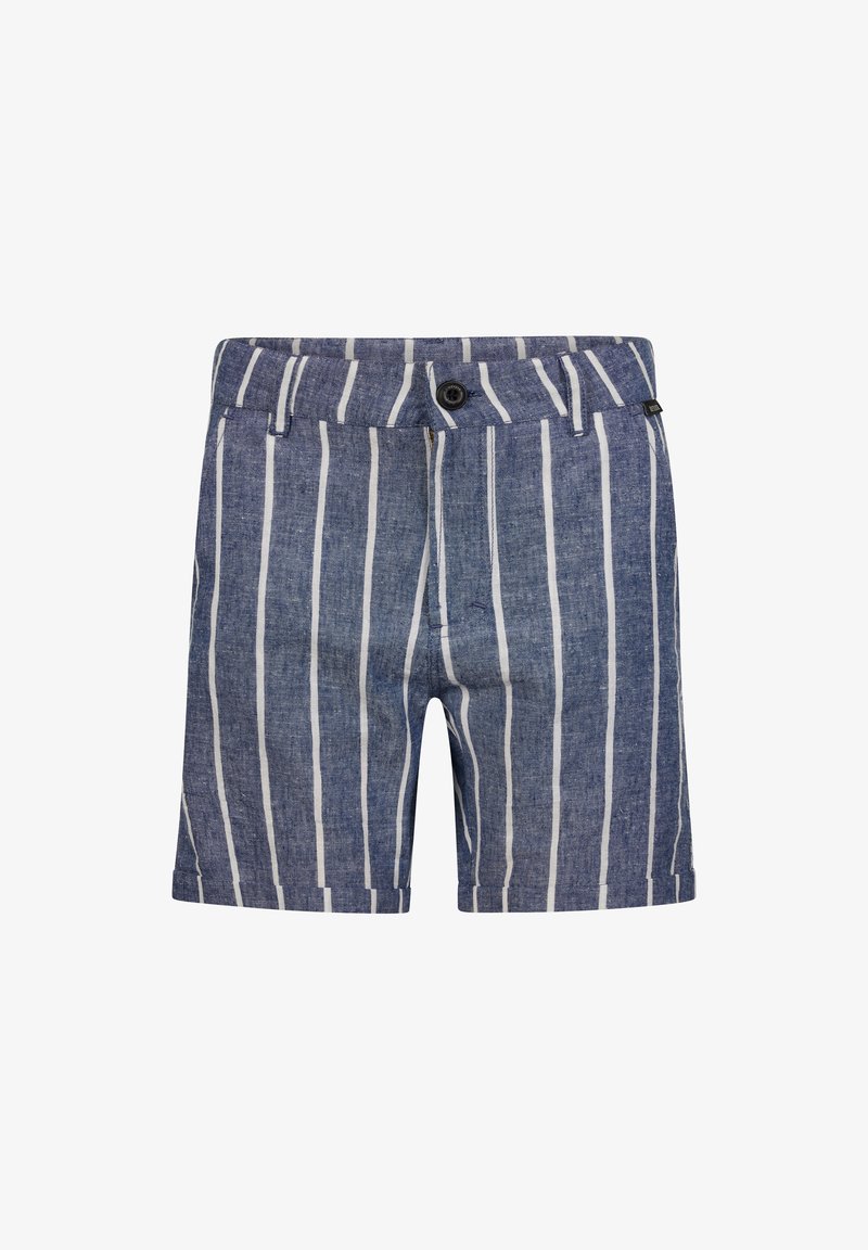 Blauwe linnen shorts met witte verticale strepen, voorzien van een sluiting met een knoop aan de voorkant, riem lussen en een textuur stof.