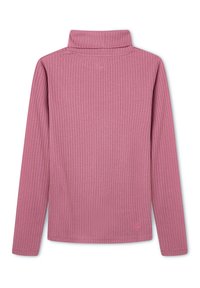 Długi rękaw, żeberkowy podkoszulek z golfem w miękkim różowym kolorze. Posiada wysoki kołnierz i małe logo na dolnym brzegu. Gładka tekstura, dopasowany krój.