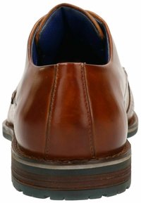 Scarpa in pelle marrone con finitura liscia, forma rotonda, rivestimento interno blu e suola nera con battistrada a design stratificato.