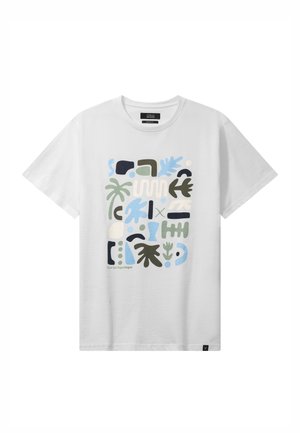 Valkoinen lyhythihainen T-paita, jonka etuosassa on abstrakteja muotoja ja kasvikuvioita sinisen, vihreän ja mustan sävyissä.