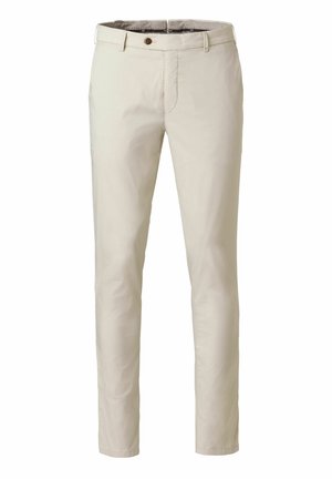 Beige, schmal geschnittene Herren-Freizeithose mit Knopfverschluss und Gürtelschlaufen, Vordertaschen und Reißverschluss.