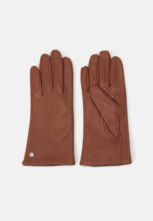 Gants en cuir marron au design épuré, avec des détails de couture et une accent en métal au poignet. Texture lisse, style à cinq doigts.