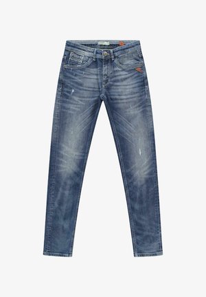 Lichtblauwe spijkerbroek met een recht ontwerp, met vervaagde delen, subtiele kreuken en een driehoekig logo-patch op de voorzak.