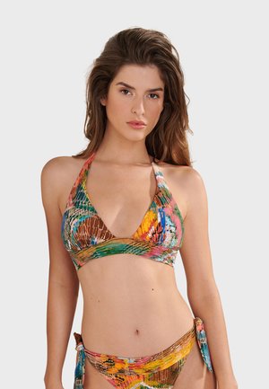 Colorful bikini set featuring a halter top with a deep V-neck and textured fabric. The pattern includes vibrant, multicolored abstract designs.