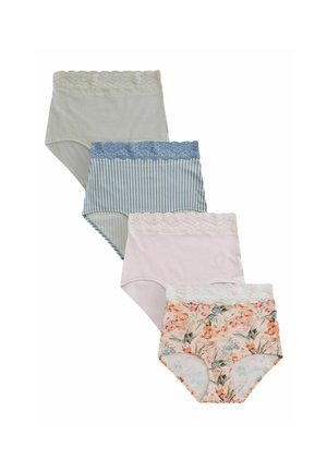 Fire par dameunderbukser med høj talje og blondekant i creme, blåstribet, lyserød og blomsterprint.