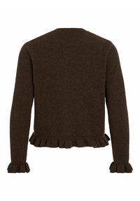 Brūns adīts džemperis ar apaļu kakla izgriezumu, kam ir viļņota apakšmala un piedurkņu maliņas. Mīksta tekstūra un pilnas piedurknes.