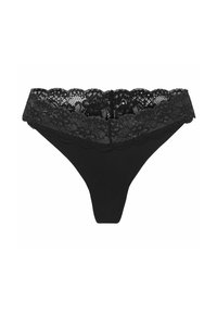 Tanga negra con un borde de encaje en la cintura. El encaje presenta un patrón floral y un borde scalloped, mostrando un cuerpo de tela suave.