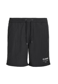 Black swim shorts made of lightweight material. Features an elastic waistband with drawstring and white logo on the lower front.