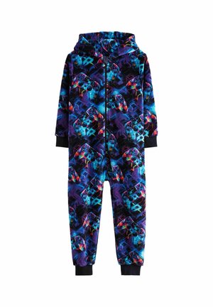 Hoodie-Overall aus weichem Fleece mit einem lebhaften blauen und lila Grafikmuster, das Videospiel-Controller zeigt, inklusive einem durchgehenden Reißverschluss.