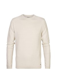 Lichtbeige lange mouwen trui, getextureerd met horizontale lijnen. Beschikt over een ronde hals en een subtiel logo bij de zoom. Zacht materiaal.