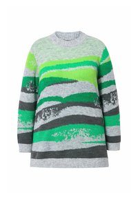 Stickad tröja med nyanser av grönt, grått och vitt i vågmönster, med en ribbad rund krage och långa ärmar. Mjuk textur.