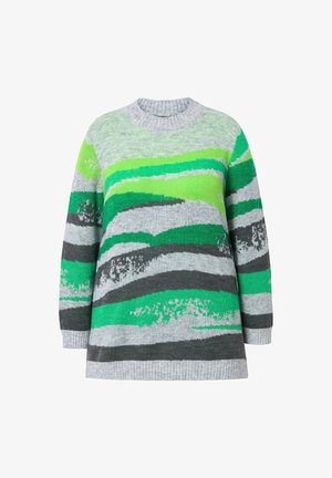 Strickpullover mit Wellenmustern in Grüntönen, Grau und Weiß, mit einem gerippten Rundhalsausschnitt und langen Ärmeln. Weiche Textur.